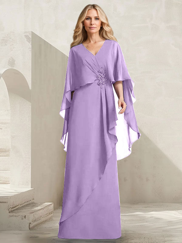 Vestido de gasa para madre de la novia con escote en V, corte A y largo hasta el suelo, con volantes en cascada y cuentas
