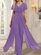 Vestido de noche de gasa con escote en V y largo hasta el suelo, tipo mono/pantalón