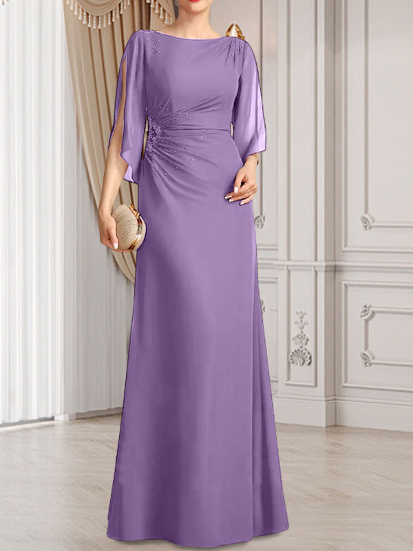 Vestido de gasa para madre de la novia con corte tubo/columna, escote redondo y largo hasta el suelo, con cuentas plisadas