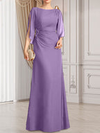 Vestido de gasa para madre de la novia con corte tubo/columna, escote redondo y largo hasta el suelo, con cuentas plisadas