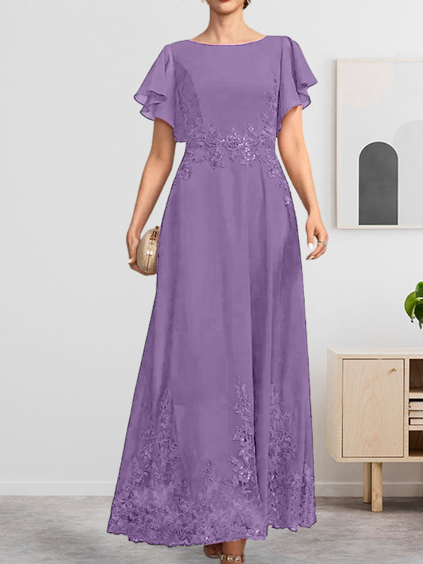 A-Linie U-Ausschnitt Knöchellang Spitzen-Chiffon-Kleid für die Brautmutter mit Pailletten