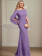Vestido de madre de la novia de gasa con escote barco, corte trompeta/sirena, largo hasta el suelo, con pliegues