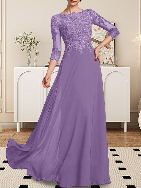 Vestido de gasa con encaje y lentejuelas para madre de la novia, corte A, largo hasta el suelo