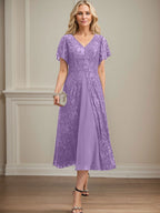 A-Linie V-Ausschnitt Wadenlanges Chiffon-Kleid für die Brautmutter 