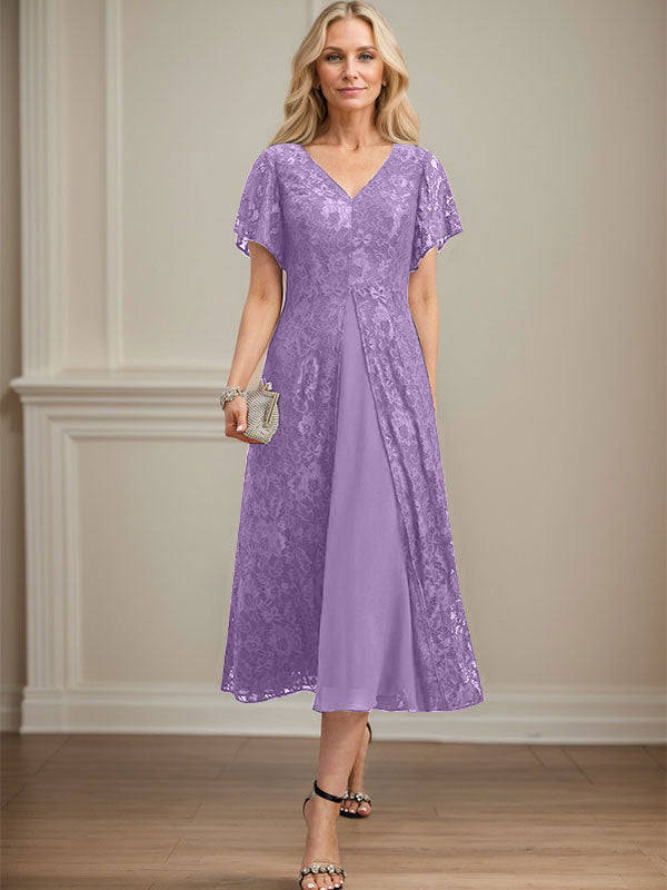 Vestido de gasa con encaje y escote en V para madre de la novia, largo hasta la rodilla