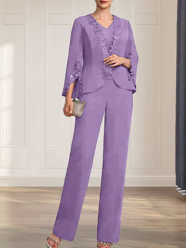 Vestido de gasa para madre de la novia, con escote en V y largo hasta el suelo, de mono/pantalón separado