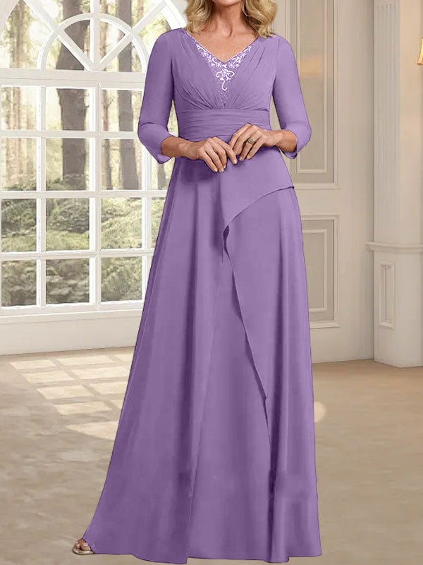 Vestido de gasa para madre de la novia con escote en V, largo hasta el suelo, con pliegues y cuentas