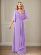 A-Linie V-Ausschnitt Lange Pailletten Chiffon Mutterkleid