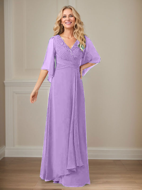 Vestido largo de gasa con lentejuelas y escote en V en forma de A para madre