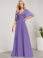 Vestido de madre de la novia de gasa con encaje, escote en V y lentejuelas, largo hasta el suelo