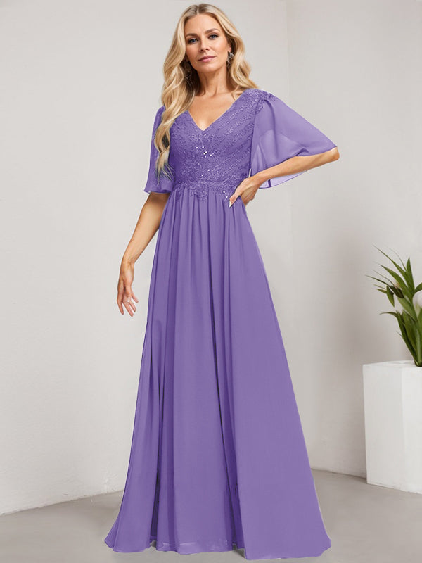 Vestido de madre de la novia de gasa con encaje, escote en V y lentejuelas, largo hasta el suelo