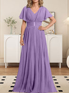 Vestido de gasa para madre de la novia, corte A, escote en V, largo hasta el suelo, con broche de cristal y plisado