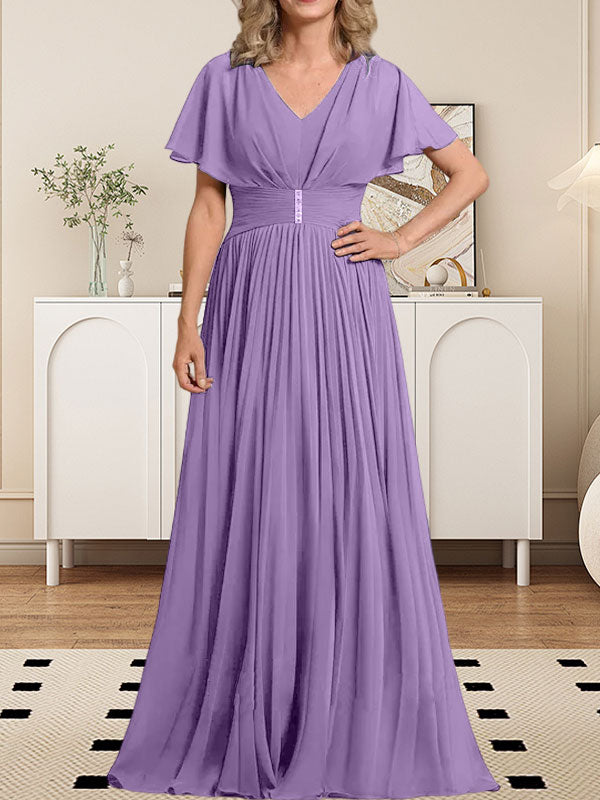 Vestido de gasa para madre de la novia, corte A, escote en V, largo hasta el suelo, con broche de cristal y plisado