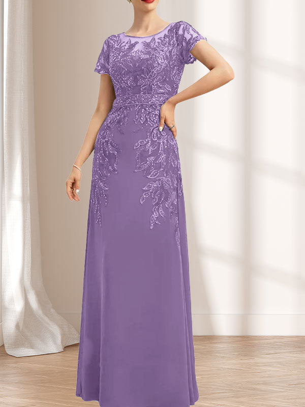 Vestido de madre de la novia de gasa con encaje, escote redondo, ilusión, largo hasta el suelo, con lentejuelas
