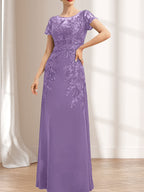 Vestido de madre de la novia de gasa con encaje, escote redondo, ilusión, largo hasta el suelo, con lentejuelas