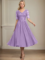 Vestido de gasa con encaje y lentejuelas para madre de la novia, corte A, escote en V y largo hasta la rodilla