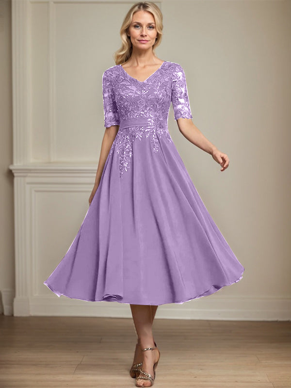 Vestido de gasa con encaje y lentejuelas para madre de la novia, corte A, escote en V y largo hasta la rodilla
