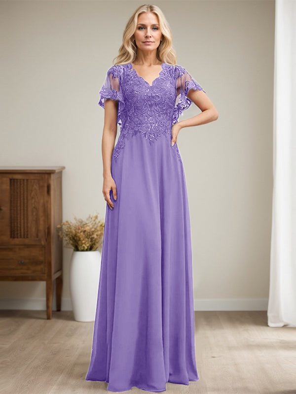 Vestido de madre de la novia de gasa con encaje, escote en V y lentejuelas, largo hasta el suelo