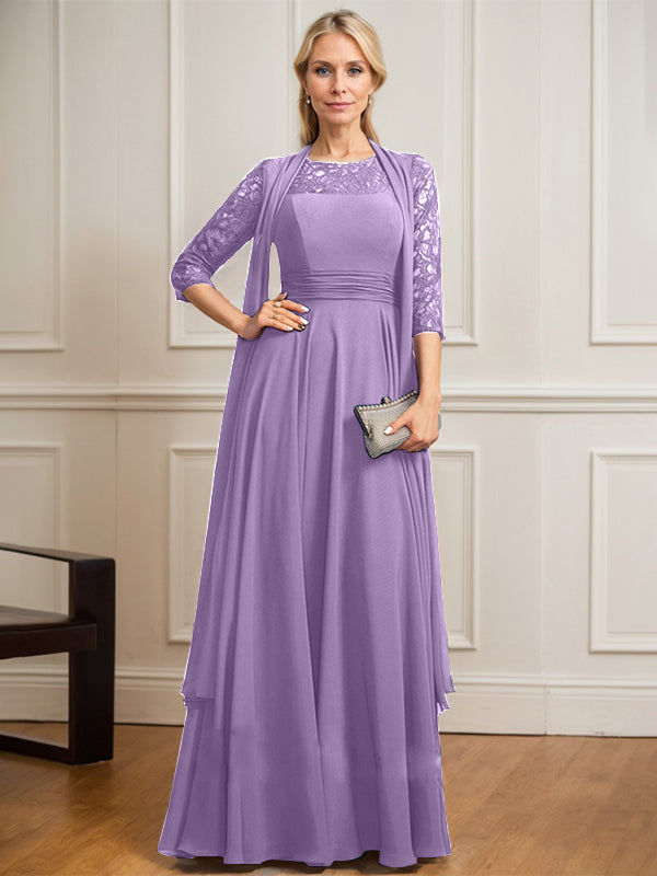 Vestido de gasa de encaje con ilusión de corte A hasta el suelo para madre de la novia con pliegues