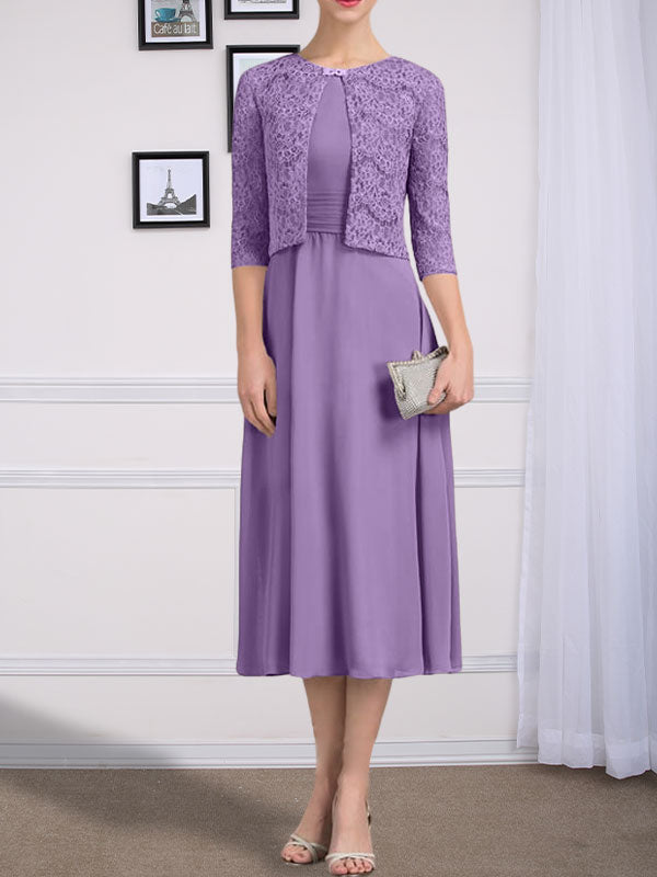 Vestido de gasa para madre de la novia con corte en A, escote redondo y largo hasta la rodilla con pliegues