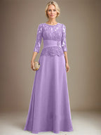 Vestido de gasa con encaje, corte A, ilusión, largo hasta el suelo, para madre de la novia, con lentejuelas plisadas y abalorios