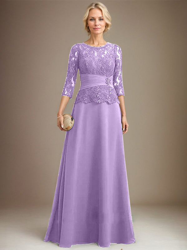 Vestido de gasa con encaje, corte A, ilusión, largo hasta el suelo, para madre de la novia, con lentejuelas plisadas y abalorios
