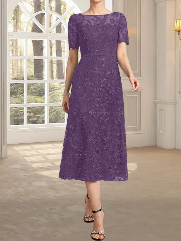 Vestido de madre de la novia de encaje con lentejuelas, corte A, escote ilusión y largo hasta la rodilla