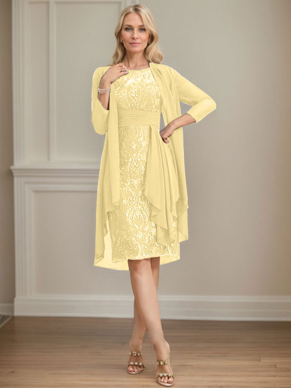 Vestido de madre de la novia de gasa con encaje, escote redondo, ilusión, largo hasta la rodilla, con volantes en cascada y lentejuelas