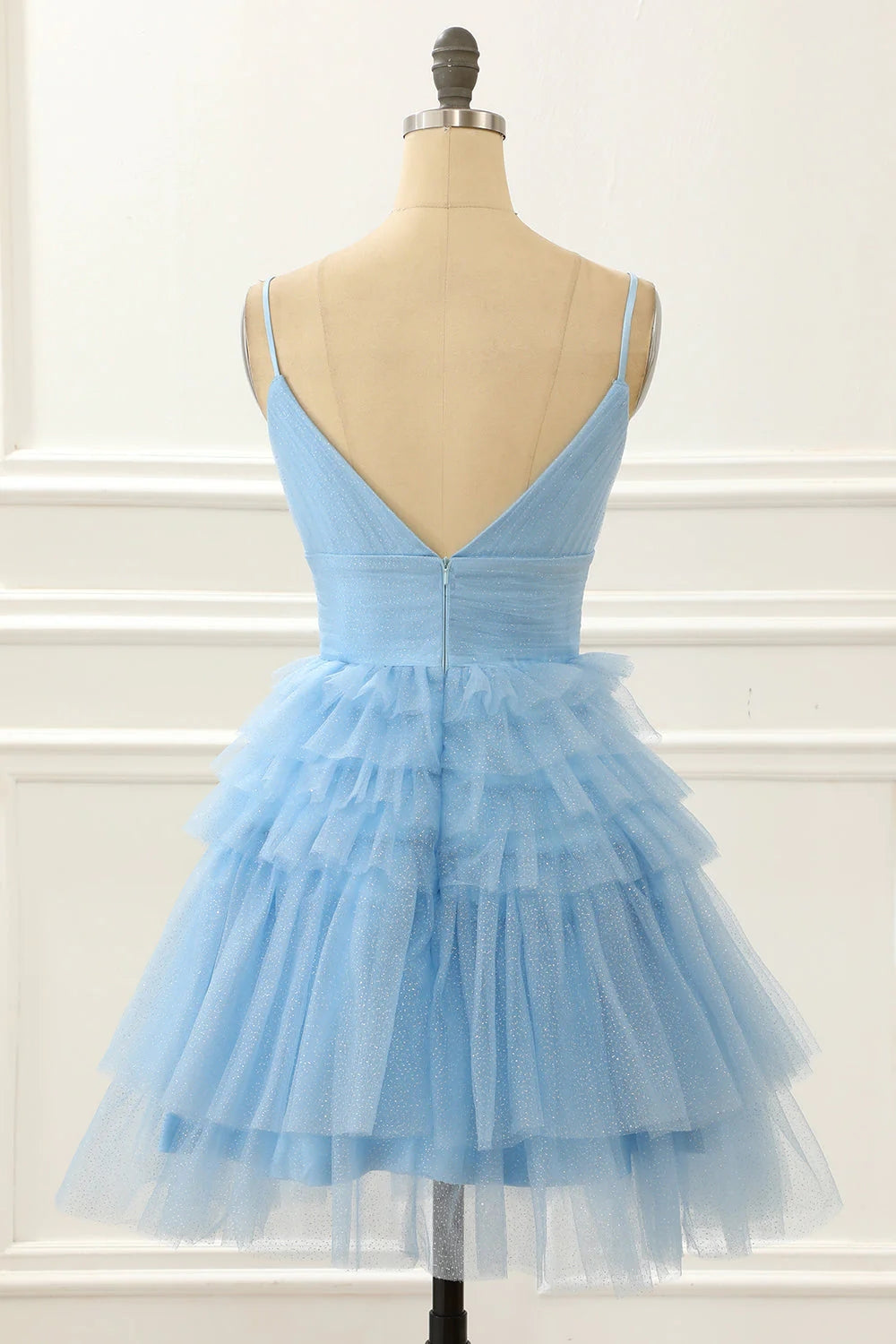 Hellblaues A-Linien-Heimkehrkleid mit Rüschen, kurz, PD480