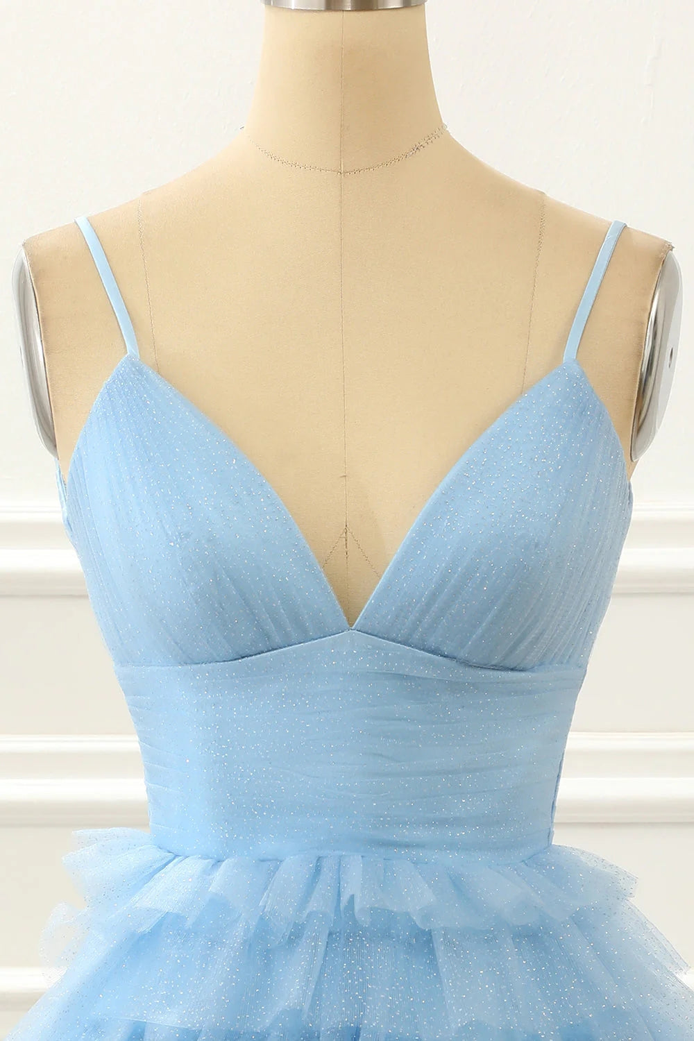 Hellblaues A-Linien-Heimkehrkleid mit Rüschen, kurz, PD480