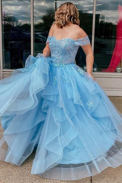 Light Blue Tulle Off-the-Shoulder Tiered A-Line Prom Evening Dress PSK400
