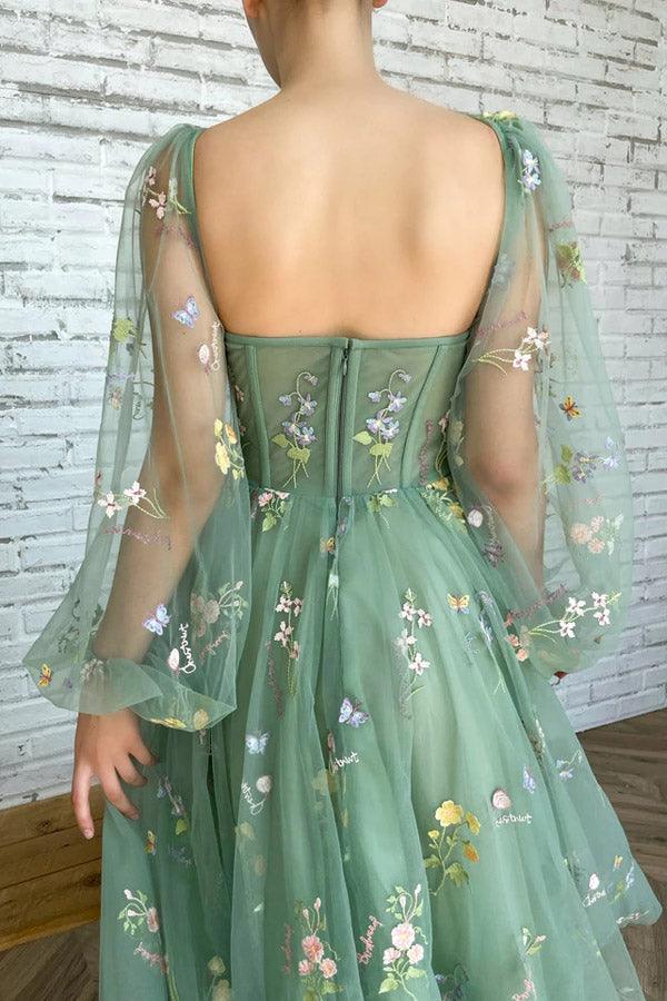 Hellgrünes besticktes Tüllkleid Abendkleid Puffy Langarm PSK304