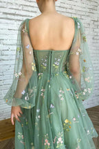 Hellgrünes besticktes Tüllkleid Abendkleid Puffy Langarm PSK304