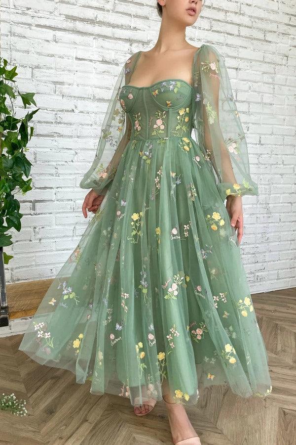 Hellgrünes besticktes Tüllkleid Abendkleid Puffy Langarm PSK304