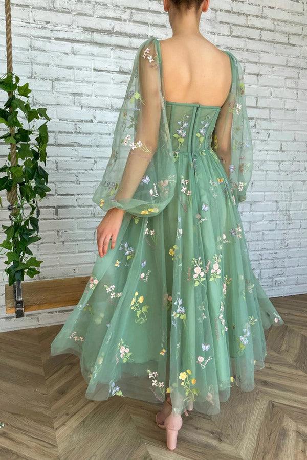 Hellgrünes besticktes Tüllkleid Abendkleid Puffy Langarm PSK304