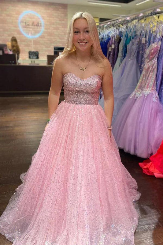 Hellrosa A-Linie Bodenlanges trägerloses glitzerndes Tüll-Ballkleid PSK411