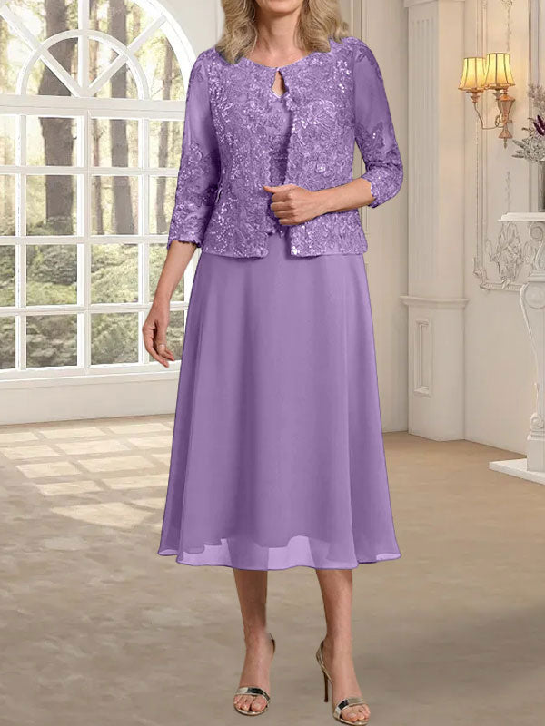 Vestido de gasa con encaje y lentejuelas para madre de la novia, corte A, escote redondo y largo hasta la rodilla