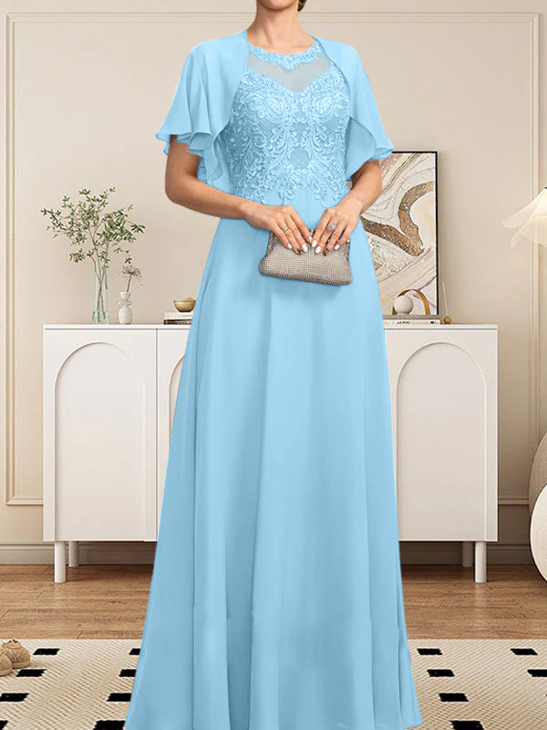 Vestido de gasa con encaje y lentejuelas para madre de la novia, corte A, escote ilusión, largo hasta el suelo