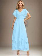 Vestido de gasa con encaje y escote en V hasta los tobillos para madre de la novia con volantes en cascada
