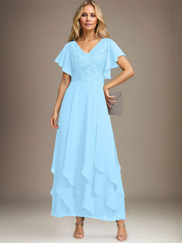 Vestido de gasa con encaje y escote en V hasta los tobillos para madre de la novia con volantes en cascada
