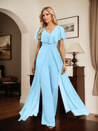 Vestido de noche de gasa con escote en V y largo hasta el suelo, tipo mono/pantalón