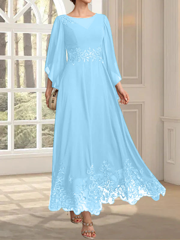 Vestido de gasa con encaje y lentejuelas para madre de la novia, corte A, escote ilusión, largo hasta los tobillos