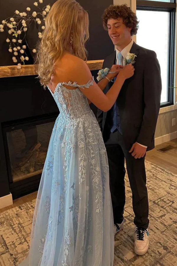 Hellblaues schulterfreies langes Ballkleid aus Tüll mit Spitzenapplikationen PSK421
