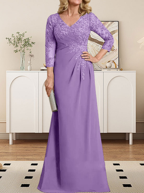 Vestido de madre de la novia de gasa con encaje, escote en V, ilusión, largo hasta el suelo, con lentejuelas plisadas