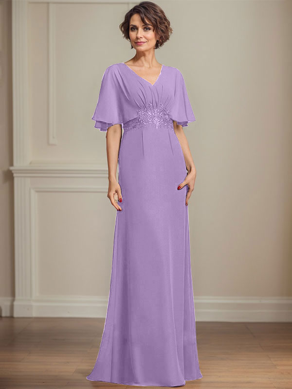 A-Linie V-Ausschnitt Bodenlanges Chiffonkleid für die Brautmutter mit plissierten Paillettenapplikationen Spitze