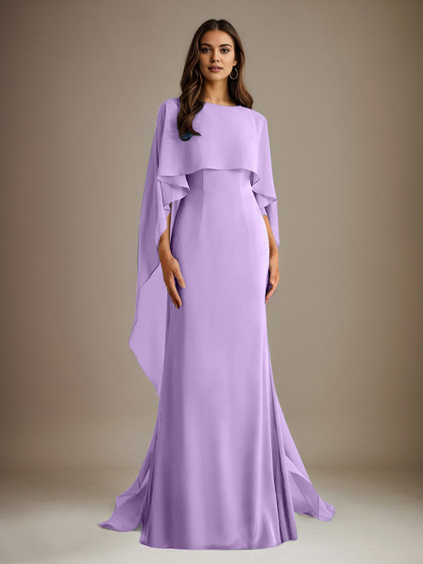 Vestido de gasa para madre de la novia, largo hasta el suelo, con escote barco y corte tubo/columna y volantes en cascada