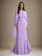 Vestido de gasa para madre de la novia, largo hasta el suelo, con escote barco y corte tubo/columna y volantes en cascada