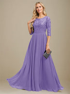 Vestido de madre de la novia de gasa con encaje, corte A, largo hasta el suelo y apliques de lentejuelas