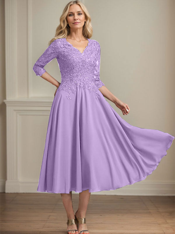 Vestido de gasa con encaje y escote en V para madre de la novia, largo hasta la rodilla, con lentejuelas y abalorios