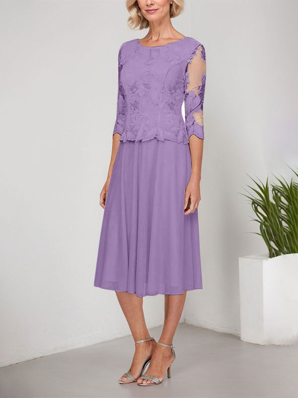 Vestido de gasa con encaje y bordado para madre de la novia, corte A, escote redondo y largo hasta la rodilla